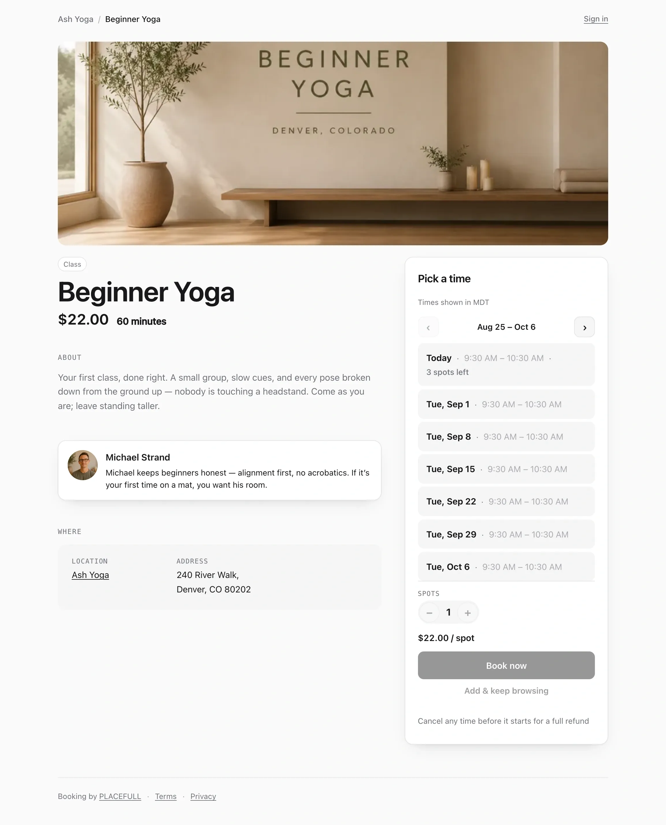 A listing page with live availability and spots remaining