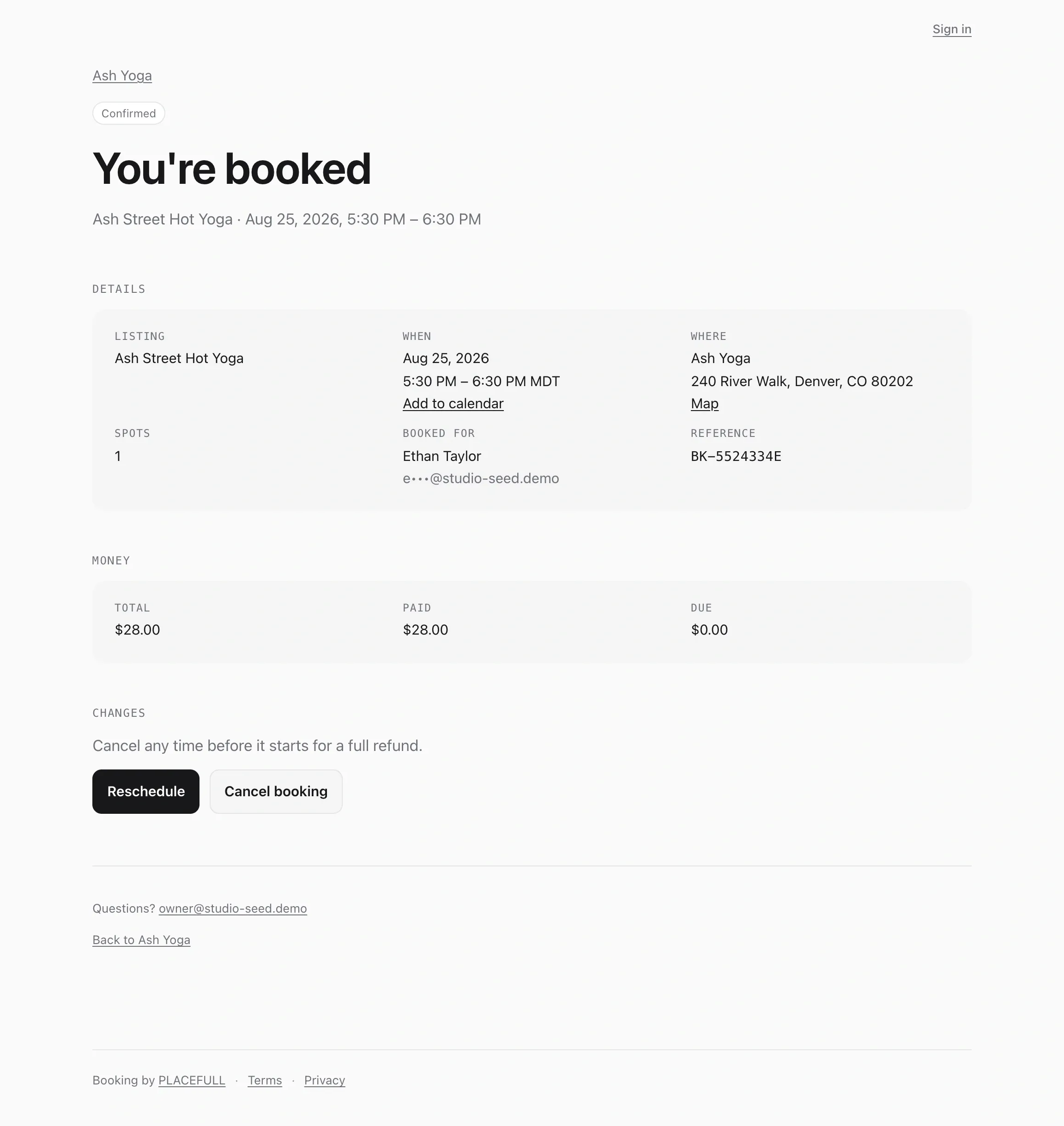 The manage-booking page: confirmed booking with reschedule and calendar options
